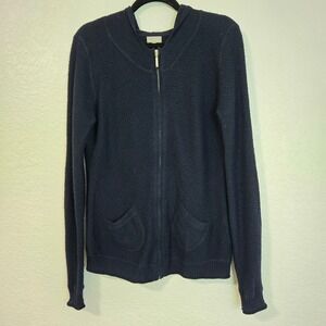 ELLIE KAI Navy Blue 100% Cashmere Zip Up Hoodie Sweater Size L